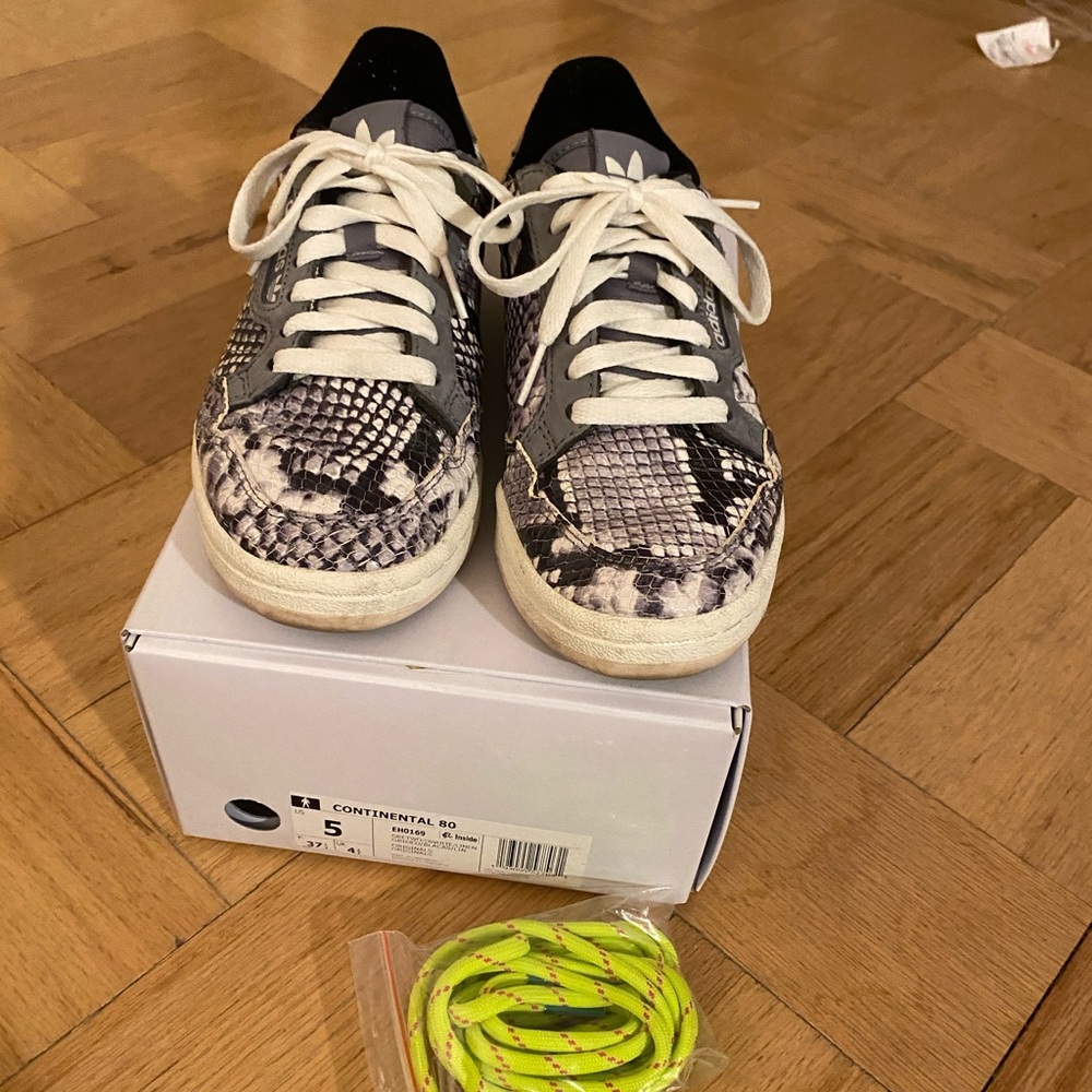 Grey snake print adidas continental 80